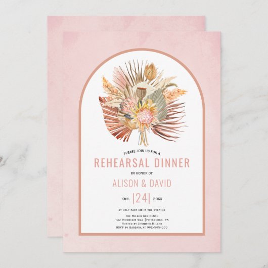 パンパスグラスとパームソフトピンクのリハーサルディナー 招待状 (正面/裏面)