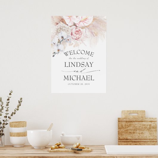パンパスグラスとピンクのアンスリウム結婚の歓迎 ポスター (キッチン)
