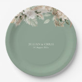 パンパスグラスと sage green の花のウェディング ペーパープレート (正面)