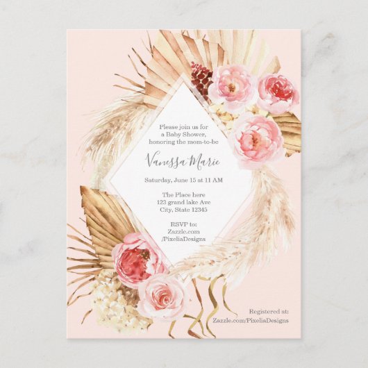 パンパスグラスのピンクの水色フローラボホベビーガール インビテーションポストカード (正面)
