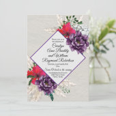 パンパスグラスの結婚式の紫色および赤い花 招待状 (スタンド正面)
