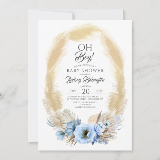 パンパスグラスほこりっぽい青い花赤ちゃんシャワーああ男の子 招待状 (正面)