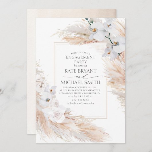 パンパスグラスアンドホワイトラン婚約パーティ 招待状 (正面/裏面)