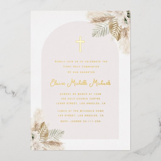 パンパスグラスアーチファースト聖体 箔招待状 (正面)