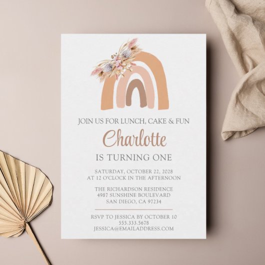 パンパスグラスウォーターカラーレインボーファースト誕生日 招待状