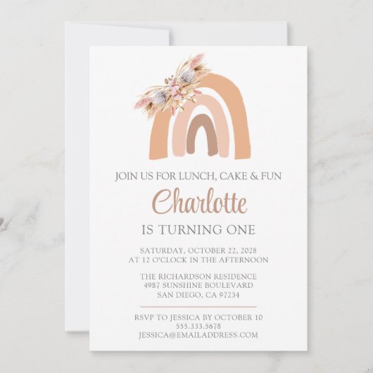 パンパスグラスウォーターカラーレインボーファースト誕生日 招待状 (正面)