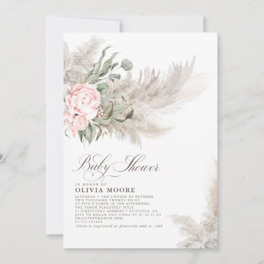 パンパスグラスセージ緑のフローラボホベイビーシャワー 招待状 (正面)