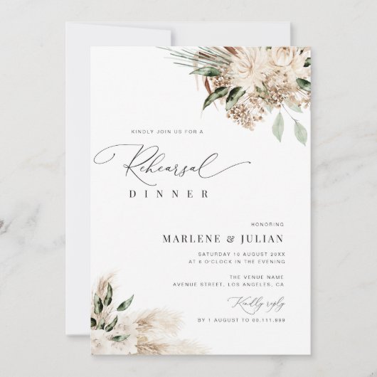 パンパスグラスセージ緑のリハーサルディナー 招待状 (正面)