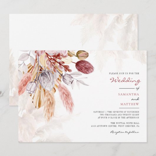 パンパスグラスタン素朴フローラ結婚ズ 招待状 (正面/裏面)