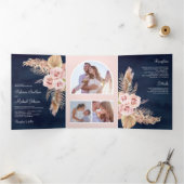 パンパスグラスダスティピンクローゼネイビーブルー結婚ズ 三つ折り招待状 (内部)