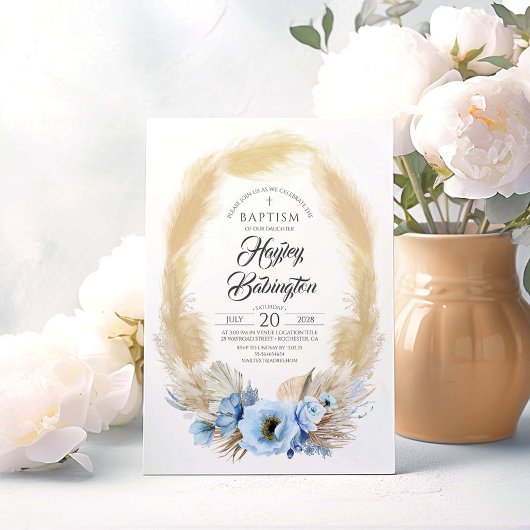 パンパスグラスダスティブルーフラワーズバプテスマ 招待状