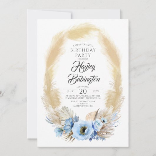 パンパスグラスダスティブルーフラワーズバースデーパーティー 招待状 (正面)
