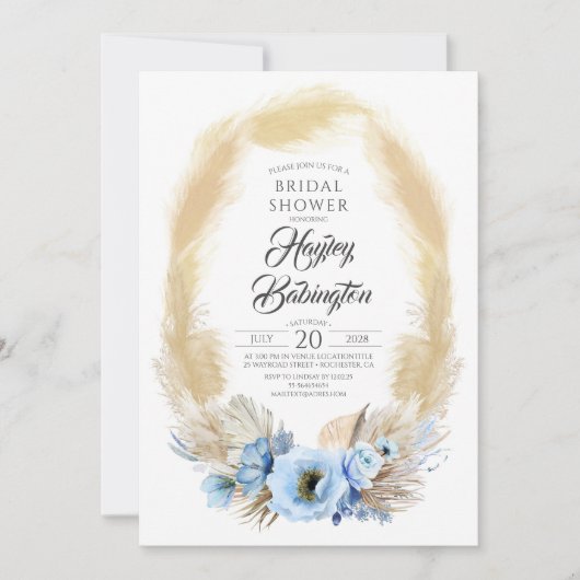 パンパスグラスダスティブルーフラワーズブライダルシャワー 招待状 (正面)