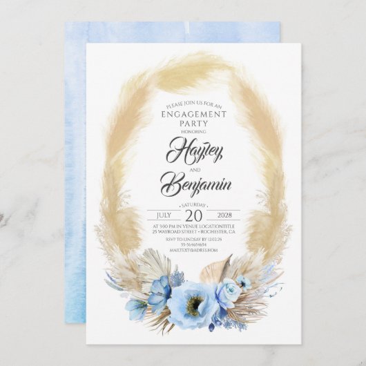 パンパスグラスダスティーブルーフローラ婚約パーティ 招待状 (正面/裏面)