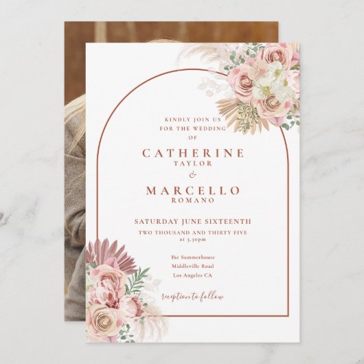 パンパスグラステラコッタアーチフローラ写真結婚ズ 招待状 (正面/裏面)