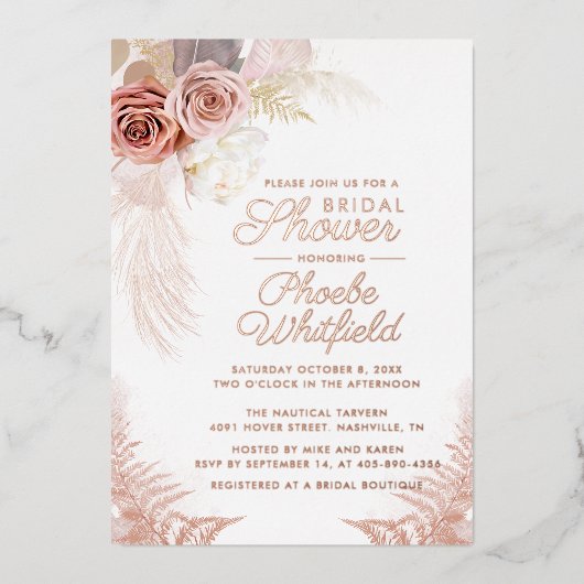 パンパスグラステラコッタブライダルシャワーバラ金ゴールド 箔招待状 (正面)