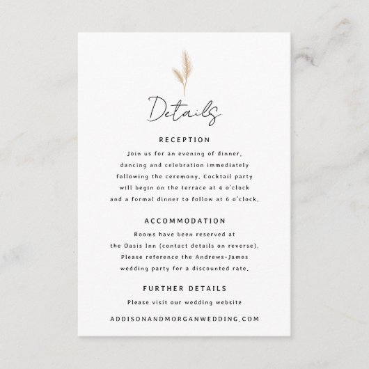 パンパスグラスデザートランドスケープボホ結婚の詳細 エンクロージャーカード (正面)