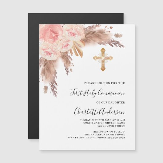 パンパスグラスバラピンクのラグジュアリーファースト聖体 マグネット招待状 (正面/裏面)