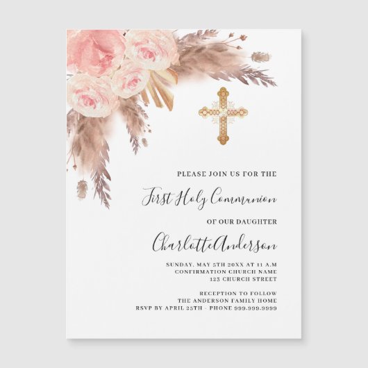 パンパスグラスバラピンクのラグジュアリーファースト聖体 マグネット招待状 (正面)