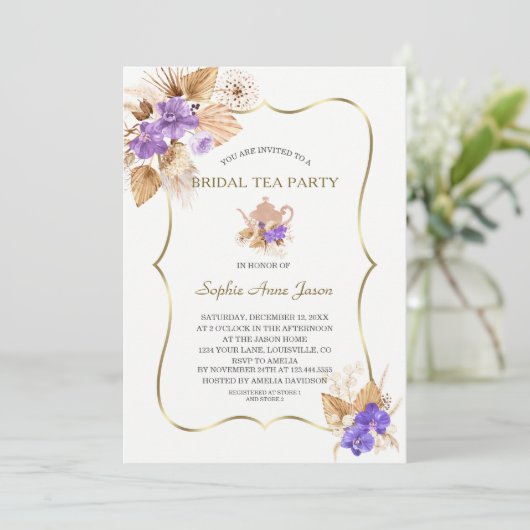 パンパスグラスパープルオーキッド金ゴールドブライダルティーパーティー 招待状 (スタンド正面)