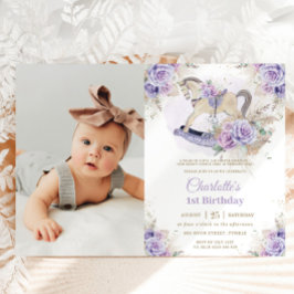 パンパスグラスパープルフローラロッキングホース誕生日 招待状