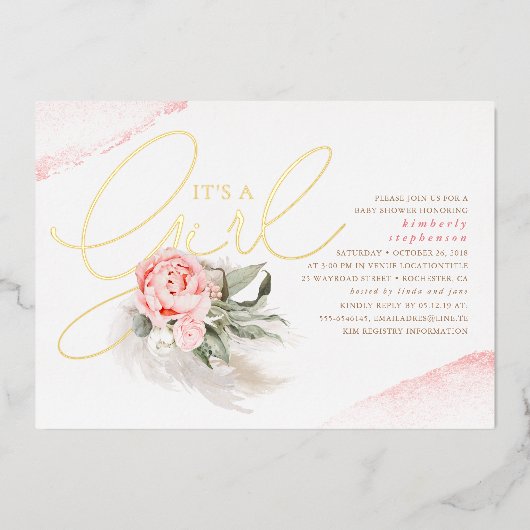 パンパスグラスピンクフローラかわいい赤ちゃんシャワ実在ー 箔招待状 (正面)