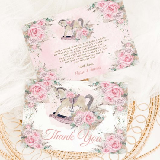 パンパスグラスピンクフローラロッキングホース赤ちゃんシャワー サンキューカード