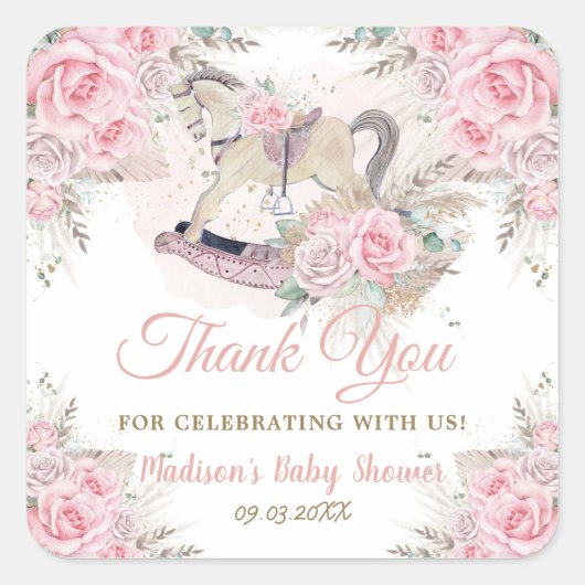 パンパスグラスピンクフローラロッキングホース赤ちゃんシャワー スクエアシール (正面)