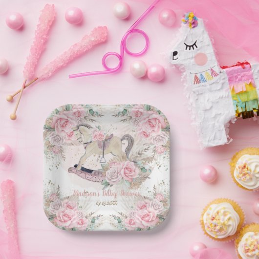 パンパスグラスピンクフローラロッキングホース赤ちゃんシャワー ペーパープレート (パーティー)
