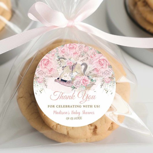 パンパスグラスピンクフローラロッキングホース赤ちゃんシャワー ラウンドシール