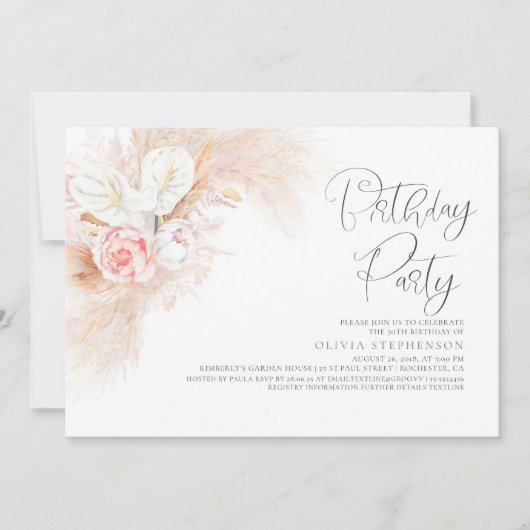 パンパスグラスピンクフローラanyエイジ誕生日 招待状 (正面)