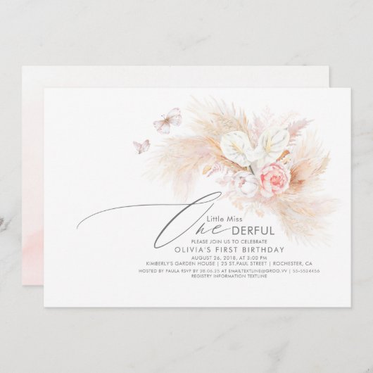 パンパスグラスピンクリトルワン恋しく思ダフル誕生日 招待状 (正面/裏面)