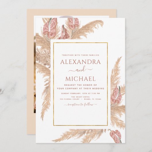 パンパスグラスフォトボホトロピカルズ結婚ズ 招待状 (正面/裏面)