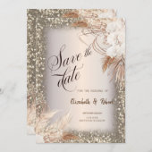 パンパスグラスフラワーズグリッターフレーム日付を保存 セーブザデート (正面/裏面)