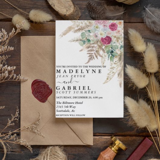 パンパスグラスフラワーピンク水彩ボホ自然 招待状