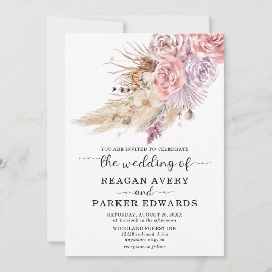 パンパスグラスフローラバラとパープル結婚ズ 招待状 (正面)