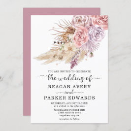 パンパスグラスフローラバラとパープル結婚ズ 招待状