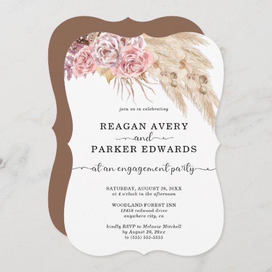 パンパスグラスフローラバラパープル婚約 招待状 (正面/裏面)