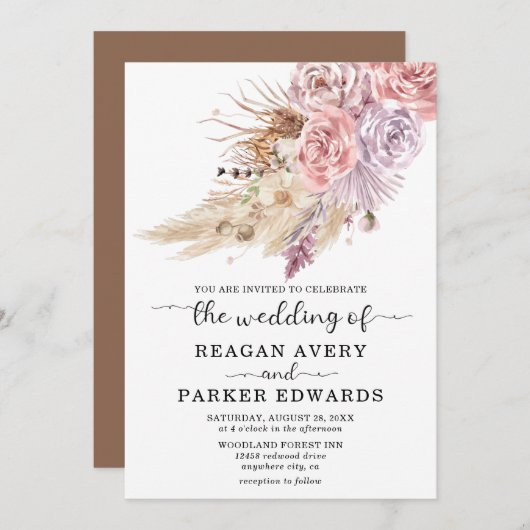 パンパスグラスフローラバラパープル結婚ズ 招待状 (正面/裏面)