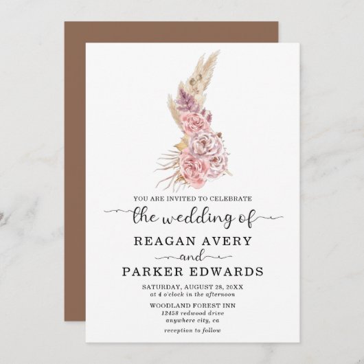 パンパスグラスフローラバラパープル結婚ズ 招待状 (正面/裏面)