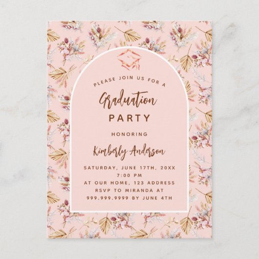 パンパスグラスフローラバラ金ゴールド卒業パーティー インビテーションポストカード (正面)