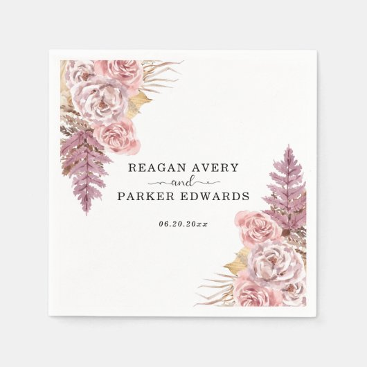 パンパスグラスフローラパープルカスタムウェディング スタンダードカクテルナプキン (正面)