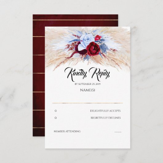 パンパスグラスブルガンディレッドダスティブルーウェディングRSVP 出欠カード (正面/裏面)