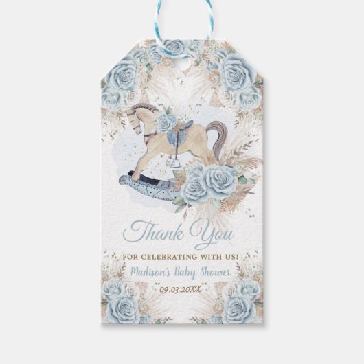 パンパスグラスブルーフローラロッキングホース赤ちゃんシャワー ギフトタグ (正面)