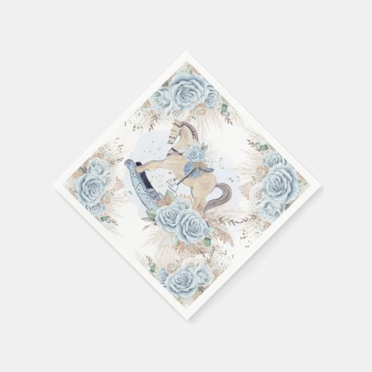 パンパスグラスブルーフローラロッキングホース赤ちゃんシャワー スタンダードカクテルナプキン (角)