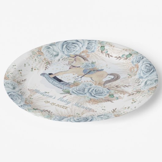 パンパスグラスブルーフローラロッキングホース赤ちゃんシャワー ペーパープレート (アングル)