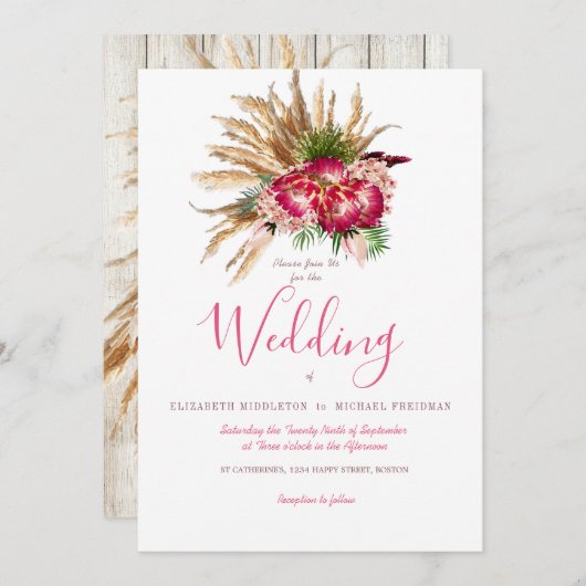 パンパスグラスプロテア素朴フローラ結婚ズ 招待状 (正面/裏面)