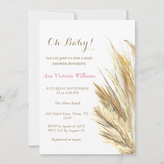 パンパスグラスベビーガールウォーターカラーピンクベージュ 招待状 (正面)