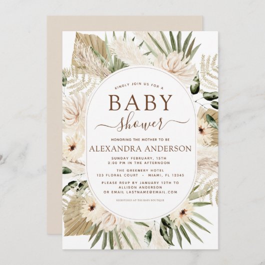 パンパスグラスベビーシャワーボホユーカリプトゥス 招待状 (正面/裏面)