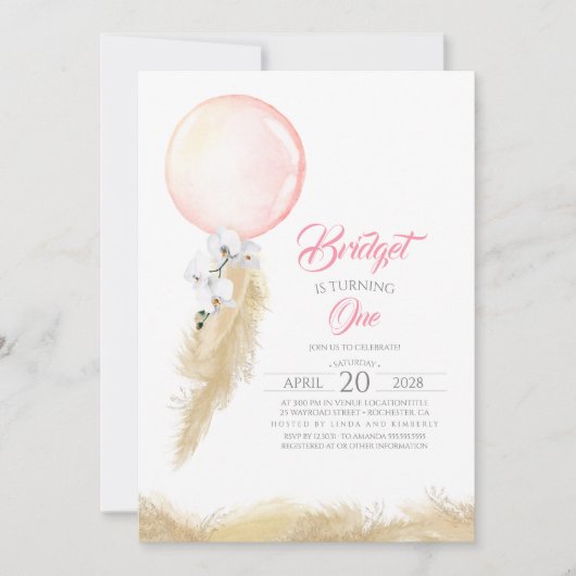 パンパスグラスホワイトオーキッズバルーンエキゾチック誕生日 招待状 (正面)